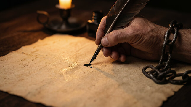The Apostle Paul writing his powerful epistles in a dark, cold Roman prison cell, illuminated only by a single flickering candle.