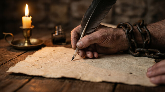 The Apostle Paul writing his powerful epistles in a dark, cold Roman prison cell, illuminated only by a single flickering candle.