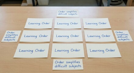 Obraz premium Learning Order Cards Arranged Symmetrically on Desk, Highlighting Simplification of Subjects