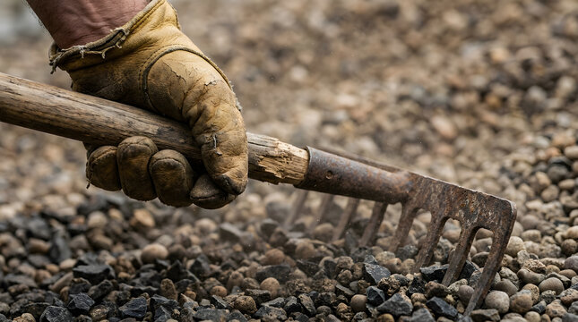 Hand in leather work glove gripping rake | Manual labor in landscaping project | Close-up of garden tool on gravel surface | Heavy duty outdoor maintenance work