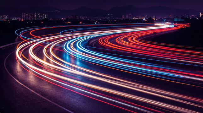 Long exposure photograph showcasing vibrant red, white, and blue light trails flowing along a curving highway at night with a distant city skyline on the horizon.