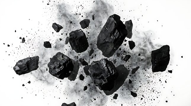 Black coal chunks exploding with smoke and particles