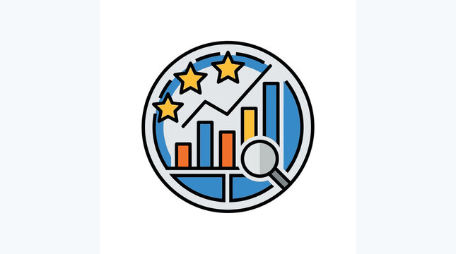 Business data analytics icon showing financial performance evaluation rating stars and growth chart illustration