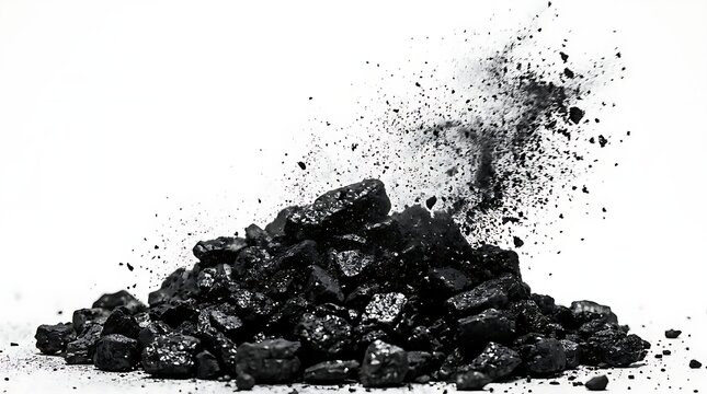 Black coal pile with exploding dust particles