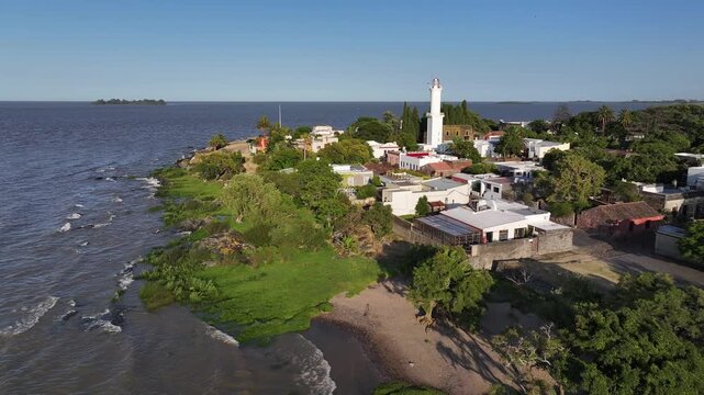 Aerial view of the ancient town of Colonia in Uruguay, South America, showcasing its architectural beauty