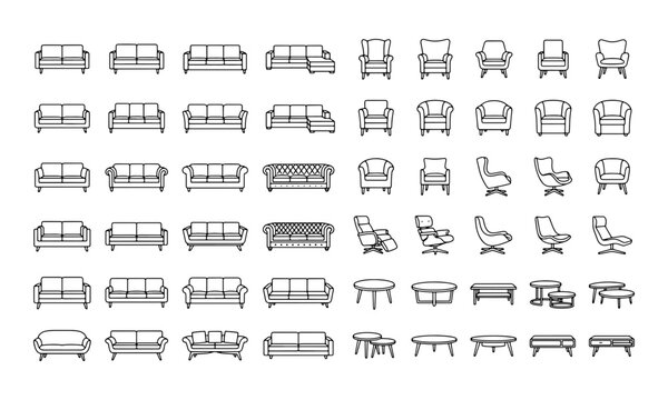 Set of various sofa and armchair line art icons for interior design and furniture catalog projects