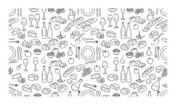 Hand drawn seamless pattern of food and wine items in a simple black and white line art style