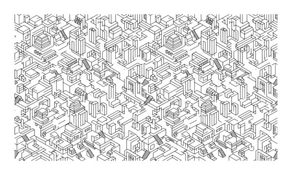 Isometric labyrinth city map with interconnected buildings and staircases in a detailed black and white line art