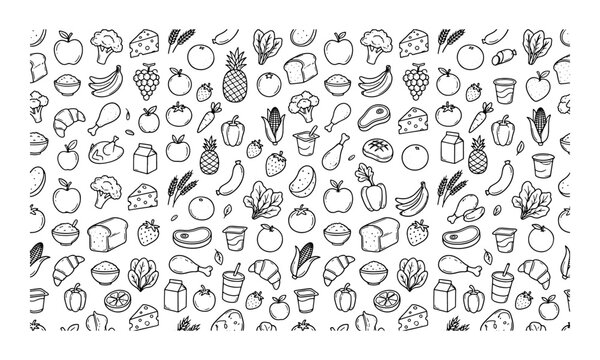 Hand drawn food pattern with various fruits vegetables and grocery items in a simple doodle style