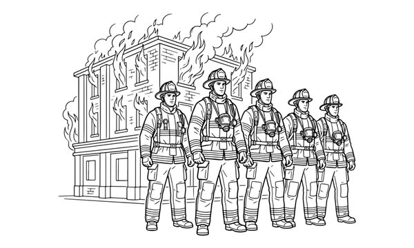 Group of firefighters standing in front of a burning building in a black and white line art style