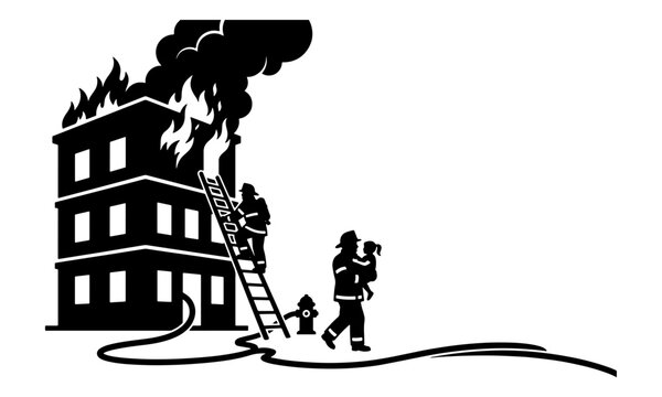 Firefighter rescuing a child from a burning building silhouette vector illustration for emergency services and safety design