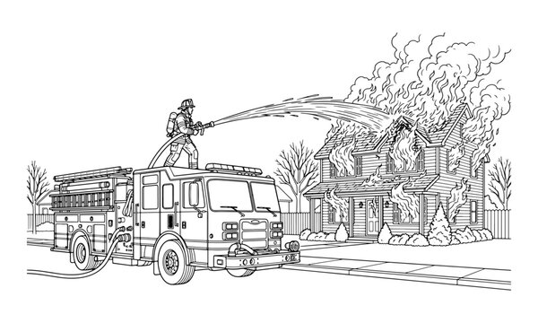 Firefighter standing on a fire truck spraying water at a burning house in a black and white illustration