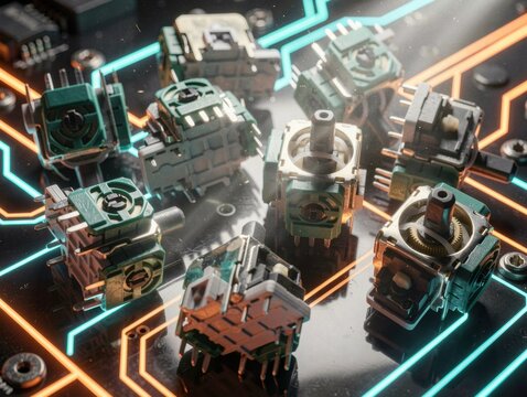 Electronic joystick potentiometer modules scattered on a glowing circuit board