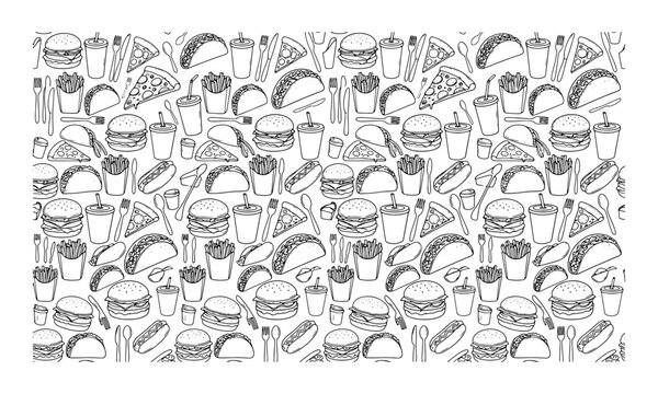 Hand drawn fast food pattern with burgers pizza tacos and fries in black and white line art