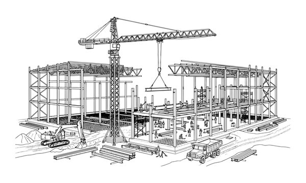 Black and white line drawing of a large industrial construction site with a tower crane