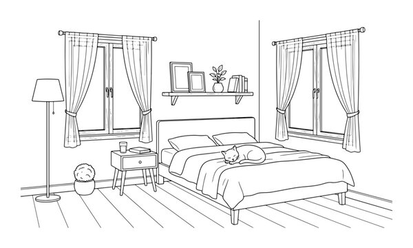 Cozy bedroom interior with a sleeping cat on the bed in a simple black and white line drawing