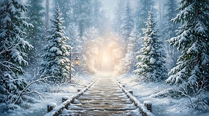 Fototapeta premium Wooden path leading into a magical snowy forest with glowing golden light
