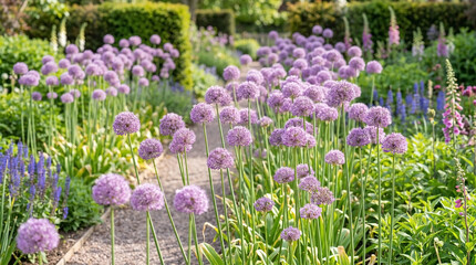 Obraz premium Gravel walkway winds through flowering allium garden in full bloom. Purple globe blossoms line flowering allium garden during late spring.