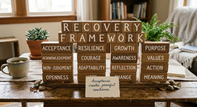 Wooden Blocks Displaying Recovery Framework With Key Concepts