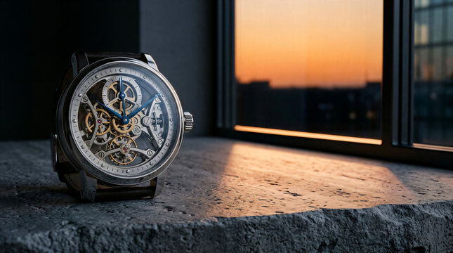 Luxury skeleton mechanical watch resting on a textured stone windowsill
