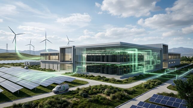 Data center facility powered by wind turbines and solar panels with glowing green energy flow lines connecting to server racks inside the building