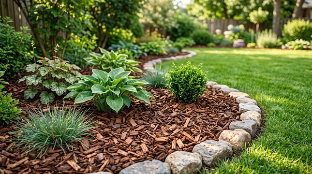 Garden mulch bed bordered by stones next to green grass lawn. Neat garden mulch bed contains hostas and shrubs in residential backyard. Decorative garden mulch bed for outdoor home improvement.