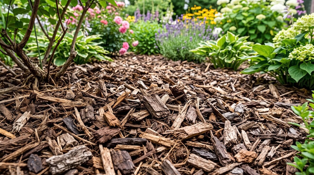 Garden wood mulch covers soil in flower bed with blooming hydrangeas. Brown garden wood mulch provides protection for plant roots and soil moisture.