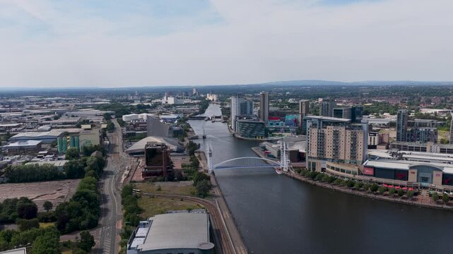 Aerial shot over Millennium Bridge South Bay Manchester UK