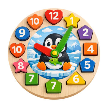 Wooden toy clock teaches time to children.
