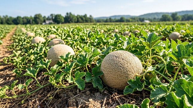 Ripe melons growing in cantaloupe farm under bright summer sun. Rows of muskmelon fruit on vines with green leaves at cantaloupe farm ready for harvest. Fresh organic melons from cantaloupe farm.