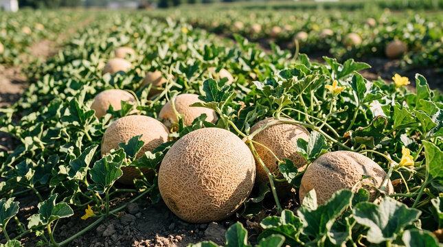 Fresh cantaloupe melons growing in large vegetable garden field with green leaves. Ripe fresh cantaloupe melons are ready for harvest under sunny sky. Fresh cantaloupe melons for organic farm markets.