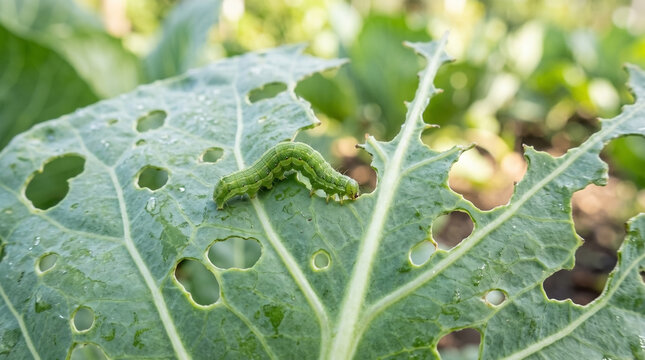 Garden pest control becomes necessary when green caterpillar eats holes in fresh cabbage leaves. Garden pest control targets insects. Proactive garden pest control for organic farming or hobby.
