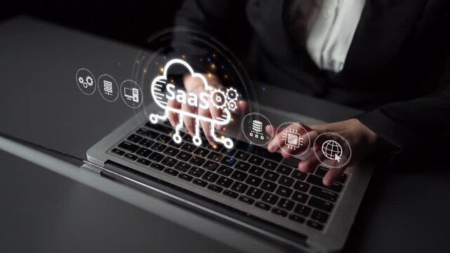 Visual representation of SaaS showing infrastructure, SaaS deployment, SaaS platform features, and SaaS integration model in digital environment. Muxer