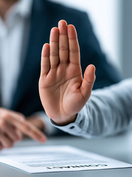 close-up professional hands pointing at contract clauses during meeting, legal review and negotiation concept, elegant office, shallow depth of field, realistic stock photo