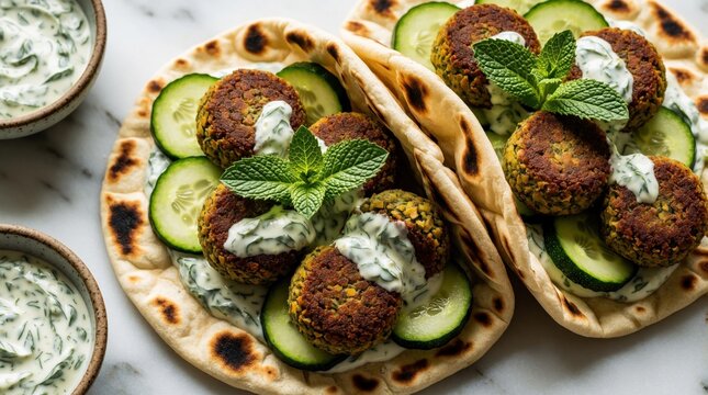 Delicious falafel flatbread wraps with creamy white sauce, fresh cucumber slices. Middle Eastern pita bread topped with veggie patties, green mint leaves, yogurt dressing. Healthy vegetarian meal on