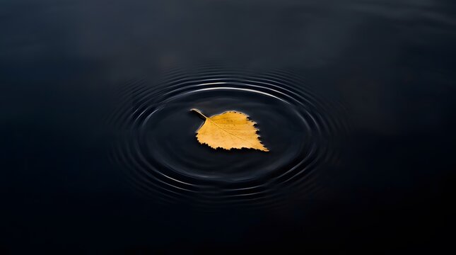 Single yellow autumn leaf floats on dark calm water creating circular ripples
