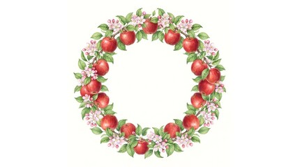 Naklejka premium A beautiful watercolor thanksgiving banner featuring a circular wreath of fresh red apples and green leaves isolated on a clean white background for seasonal design