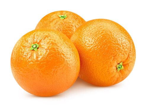 Three whole oranges isolated white background. Fresh organic oranges with clipping path