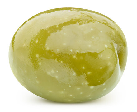 One large green olive isolated on white background. Ripe single berry with clipping path