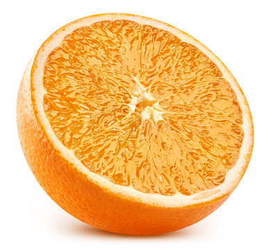Organic orange half close-up view. Juicy orange isolated white background with clipping path