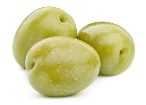 Tasty canned green olives close up. Pickled green olives isolated on white background with clipping path