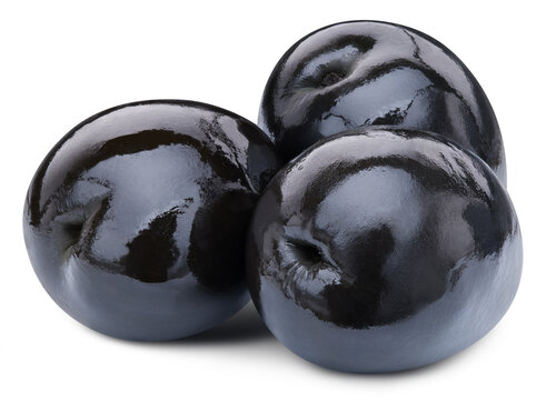 Three black olives isolated on white background. Ripe organic pickled olives with clipping path