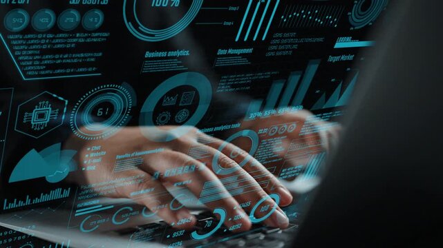 A close-up of hands typing on a laptop showcasing dynamic business analytics visuals, including graphs and charts, emphasizing data-driven decision-making in a modern workspace. Cipher