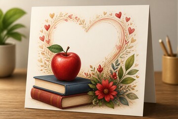 Obraz premium Greeting card featuring apple on books at tabletop display