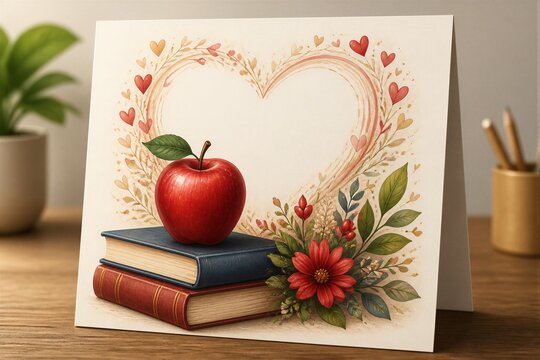 Greeting card featuring apple on books at tabletop display
