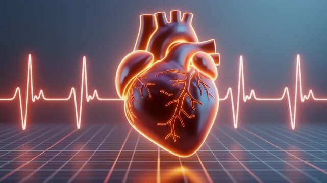 3D anatomical heart beating with glowing ECG heartbeat line