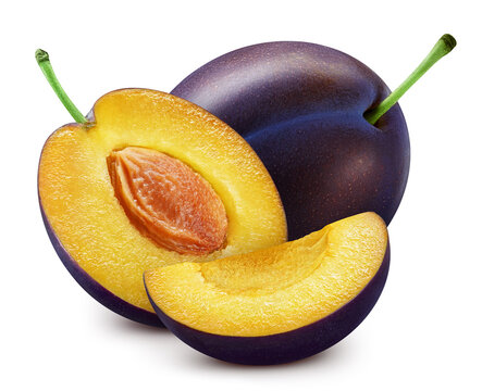 Isolated Plum. Fresh organic Plum isolated clipping path. Plum macro studio photo