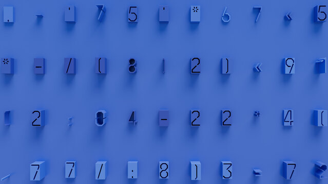Monochromatic Blue 3D Arrangement of Varied Numbers and Mathematical Symbols on Solid Blue Background, Ideal for STEM Education and Digital Design Projects