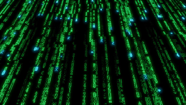Complex Green and Blue Digital Character Array on Black Background - Intricate Binary Code Pattern for Technology and Cybersecurity Visuals