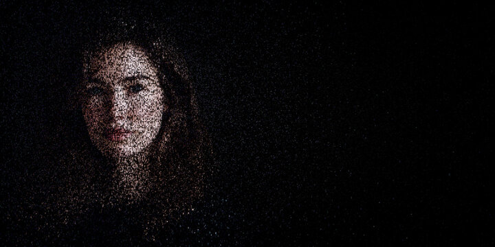 Digital ID Portrait of Woman with Face made up of Computer code. Verifiable credential Concept with copy-space.